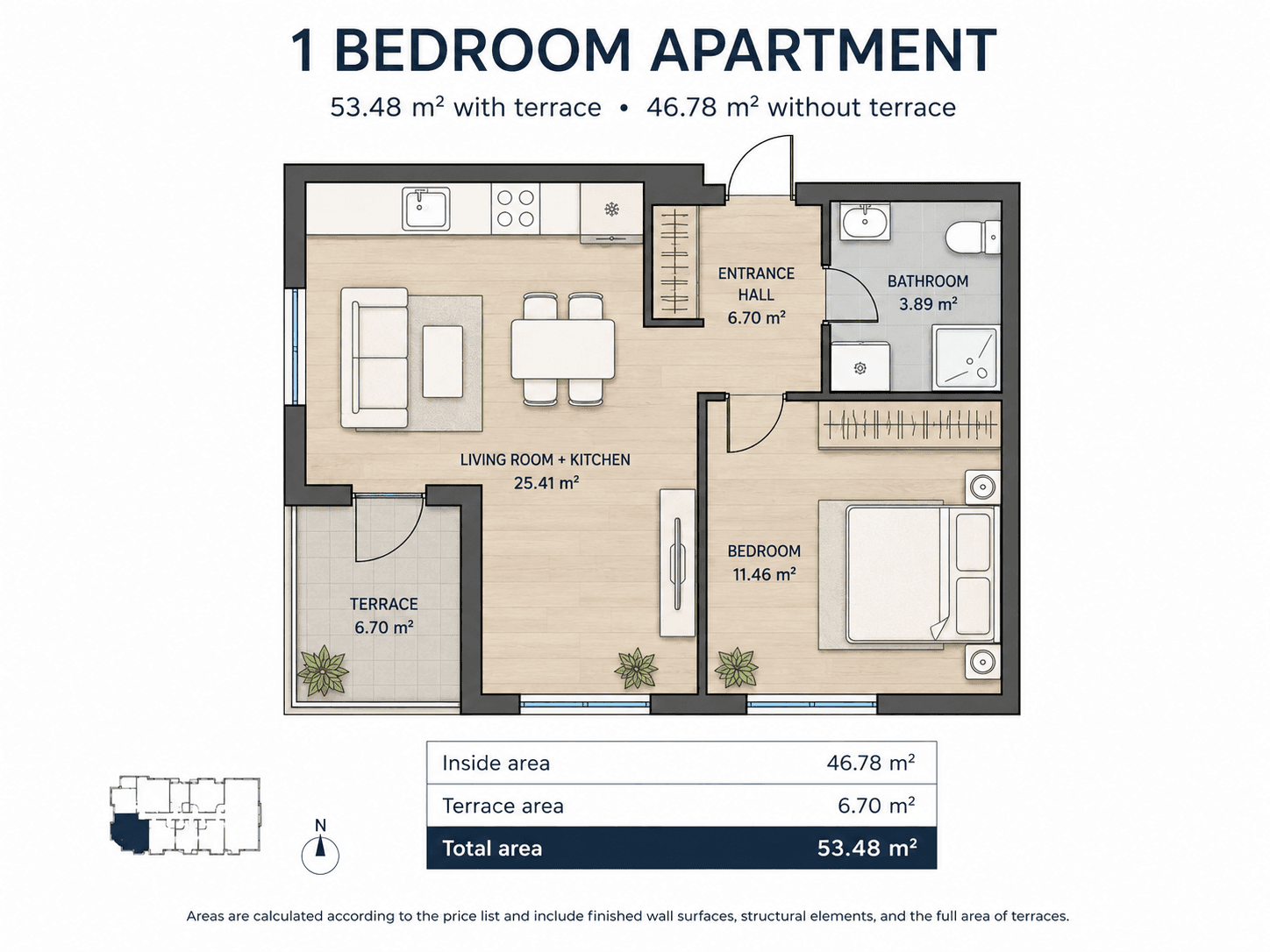 1-bedroom apartment floor plan in Kava Building