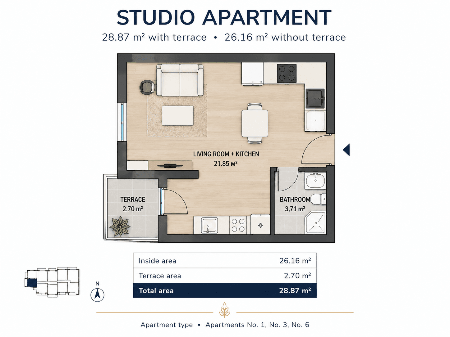 Studio apartment floor plan in Kava Building