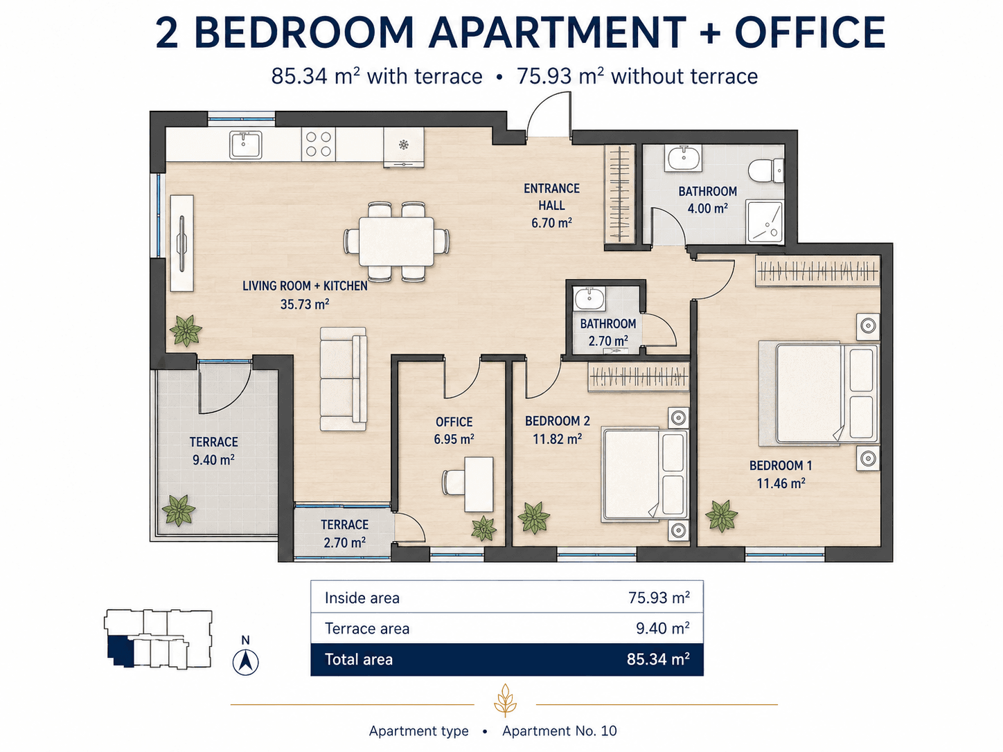 2-bedroom apartment with office floor plan in Kava Building