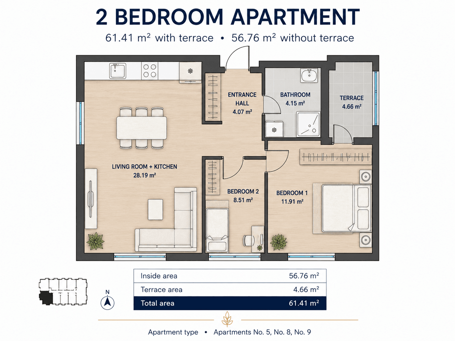 2-bedroom apartment floor plan in Kava Building