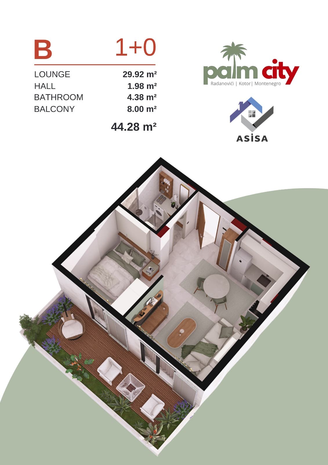 Palm City studio raspored sa terasom